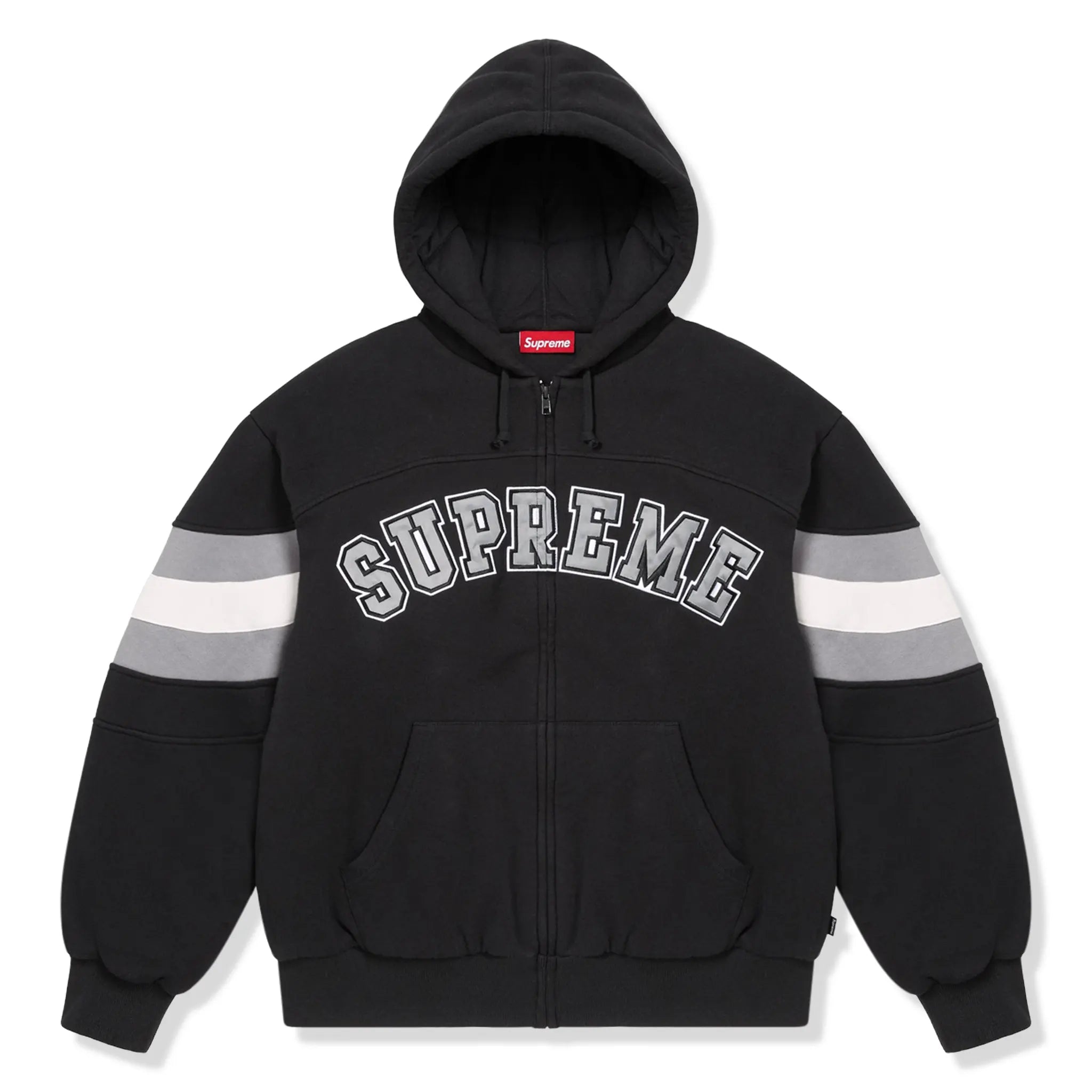 Front View of Supreme Filled Black Zip-Up Hooded Jacket
